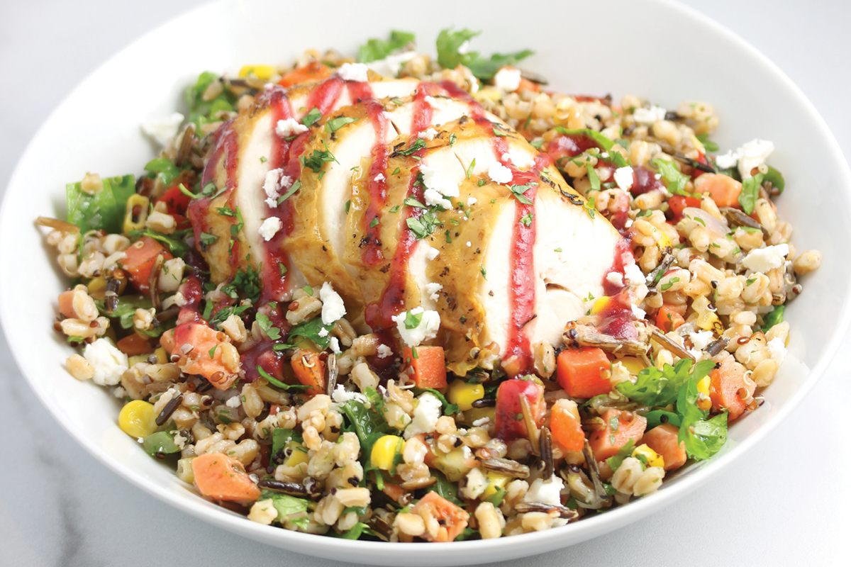 ROAST TURKEY ANCIENT GRAIN BOWL Featuring a thaw and serve blend of farro, quinoa, sweet potato, wild rice, corn and red bell peppers.
