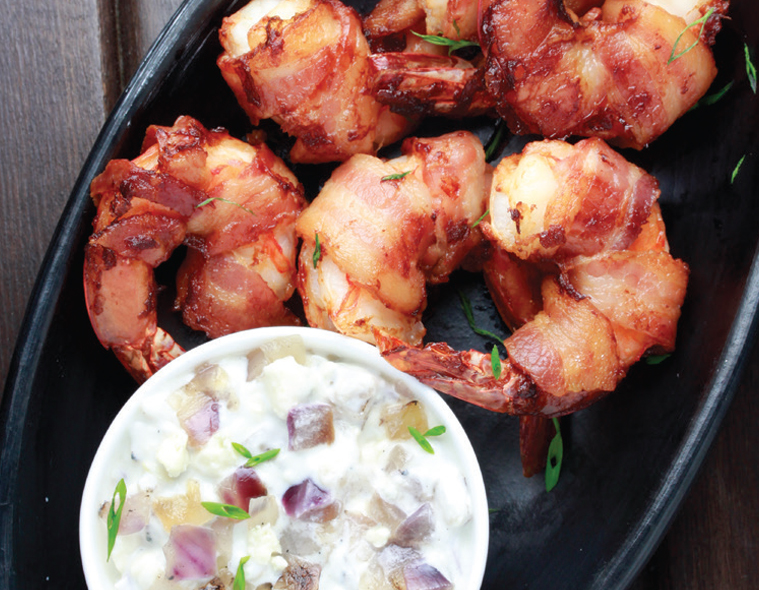 Bacon Wrapped Shrimp with Fire Roasted Red Onion Dip
